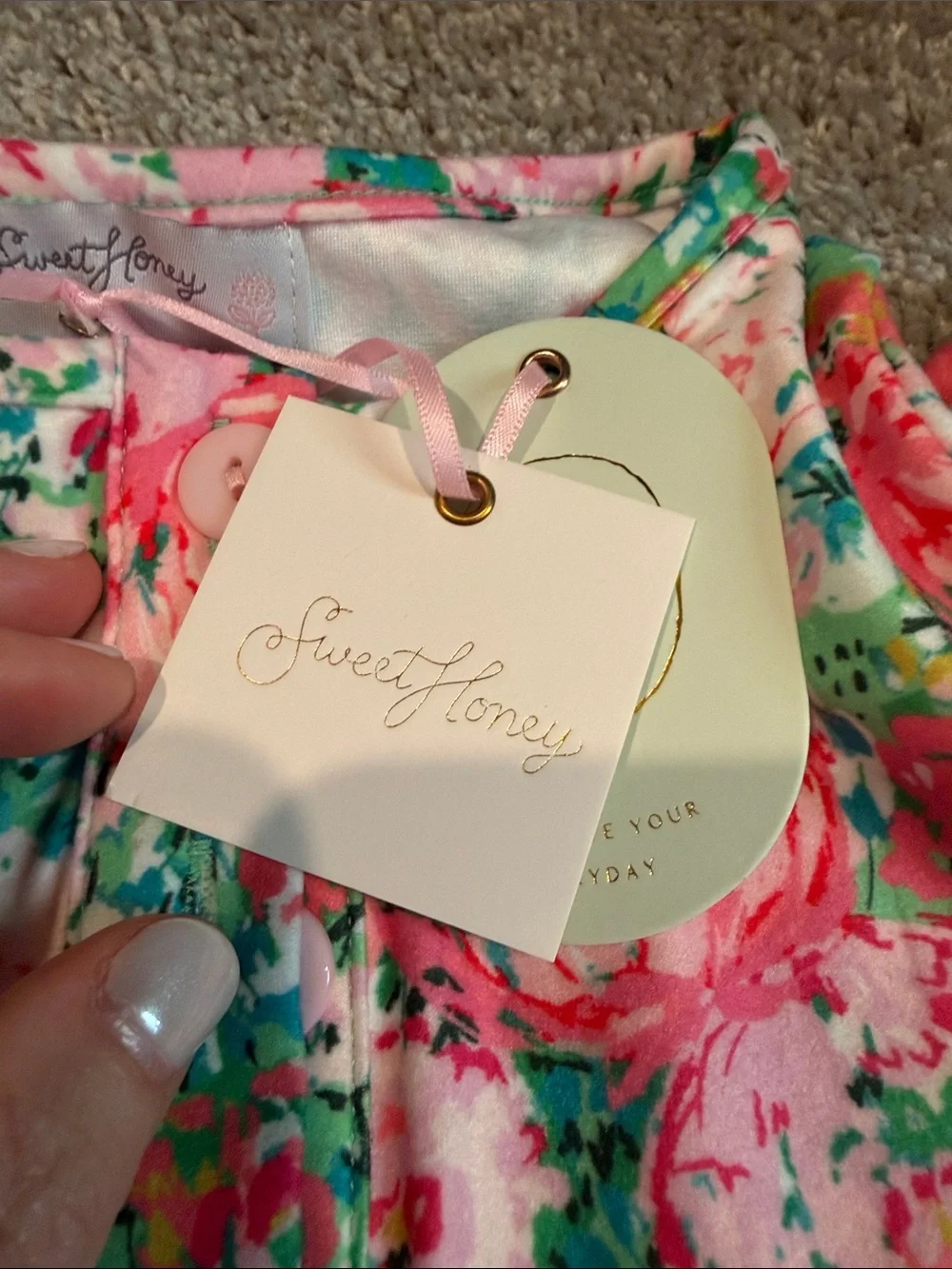 NWT SweetHoney Floral Ruffle Pajama Nightgown Set - Pink & Green